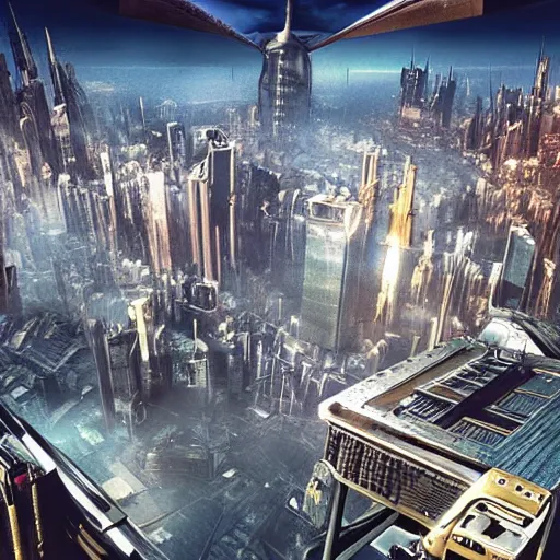 Prompt: hyperrealistic photo of a mega city like in the movie metropolis with airships and flying cars in the air