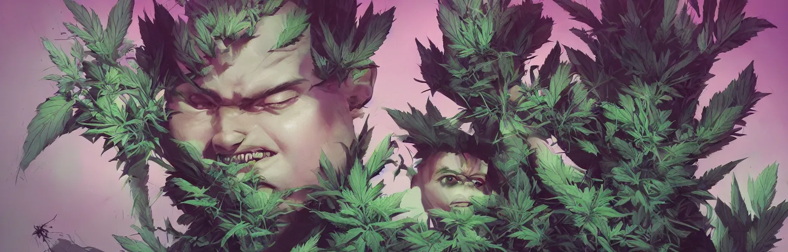 Prompt: duotone concept illustration 3 / 4 portrait of baby face consisting of marijuana, baby groot, cannabis!, cinematic volumentric lighting, jim cheung, david marquez, mike deodato jr, ilya kuvshinov, makoto shinka, behance hd by jesper ejsing, by rhads, hyper detailed, octane render, concept art, artstation