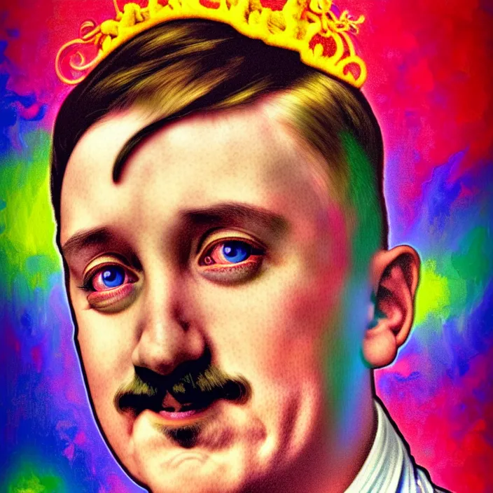 Image similar to bright psychedelic portrait of cute adolf hitler having fun at a pool party, diffuse lighting, fantasy, intricate, elegant, highly detailed, lifelike, photorealistic, digital painting, artstation, illustration, concept art, smooth, sharp focus, art by John Collier and Albert Aublet and Krenz Cushart and Artem Demura and Alphonse Mucha