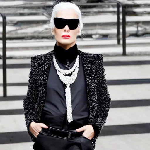 Image similar to Editorial fashion in the style of karl Lagerfeld