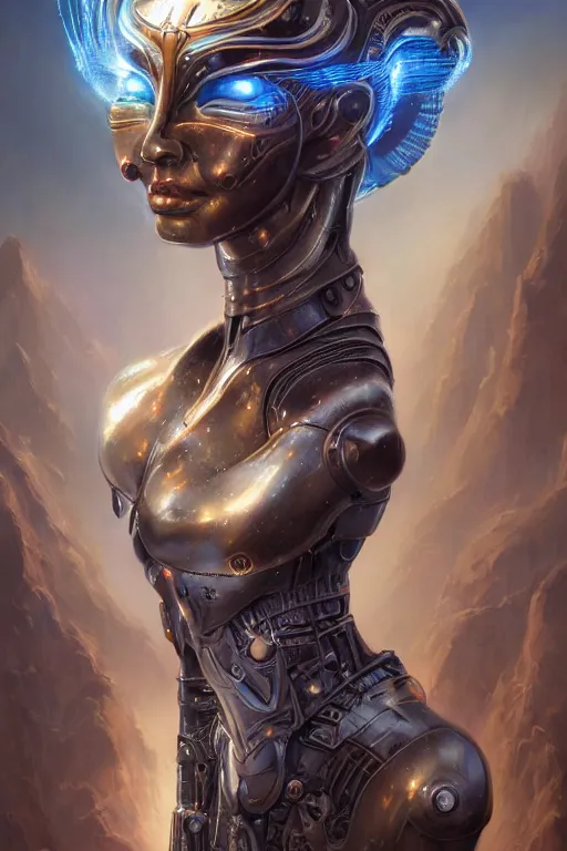 Image similar to portrait of a beautiful female hybrid cybernetic atlantean anubis elsa jean alien warrior, regal, realistic, refined, detailed, digital art, jessica rossier, michael cheval, esao andrews, steampunk, walt disney ( 1 9 3 7 ), francois boucher, oil painting, highly detailed, cinematic lighting, unreal engine, 8 k, hd