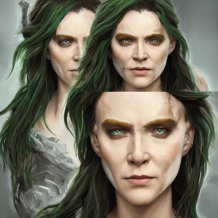 Image similar to female loki, au naturel, hyper detailed, digital art, trending in artstation, cinematic lighting, studio quality