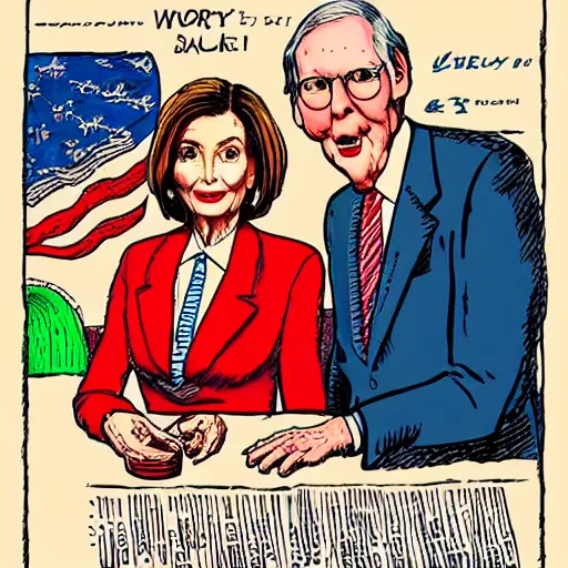 Image similar to The Artwork of R. Crumb and his Cheap Suit Mitch McConnell and Nancy Pelosi, pencil and colored marker artwork, trailer-trash lifestyle