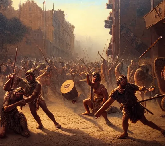 Prompt: an epic matte painting of podcasters, podcasters and YouTube streamers and TikTok stars fighting in the streets of an ancient during the bronze age collapse, soft lighting, very coherent, oil on canvas in the style of John grimshaw,