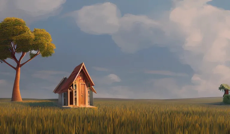 Image similar to A serene landscape with a singular building in the style of Pixar