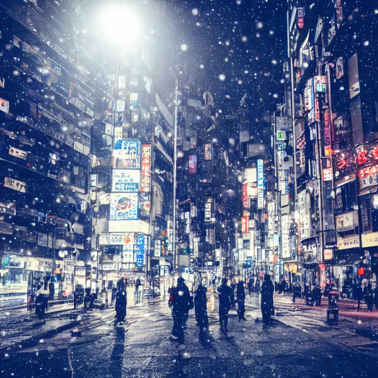 Image similar to photo of tokyo with many lights and lens flares, snowy winter christmas night