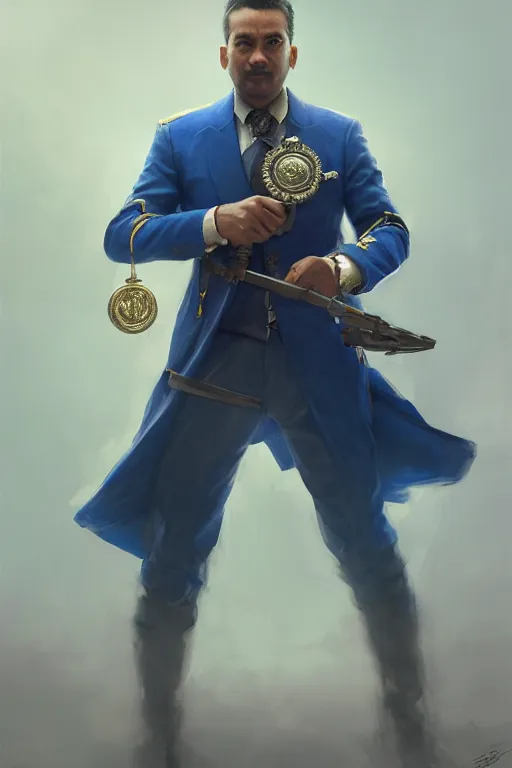 Prompt: a man in a blue suit with medals on it holding a sword in one hand and a pistol in the other hand, highly detailed, d & d, fantasy digital painting, trending on artstation, concept art, sharp focus, illustration, global illumination, ray tracing, realistic shaded, ruan jia, randy vargas, greg rutkowski