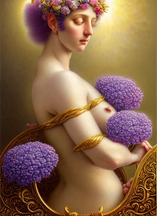 Prompt: a lilac hair beautiful goddess of light, colourful hydrangeas flowers, soft roses, and dried petals, painterly, emotionally evoking methaphoric, ornamental, intricate and elegant, highly detailed photorealistic painting, decorative lines, sharp focus, golden ratio, by tomasz alen kopera and john william godward,