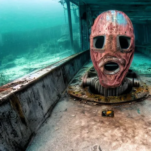 Image similar to abandoned rusty underwater theme park, surreal, horror, eerie, creepy, murky water, underwater, underwater photography, dark, submechanophobia, animatronics,