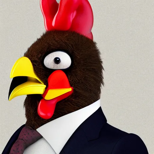 Image similar to a high detail shot of an anatomically accurate chicken wearing a suit, realism, 8k