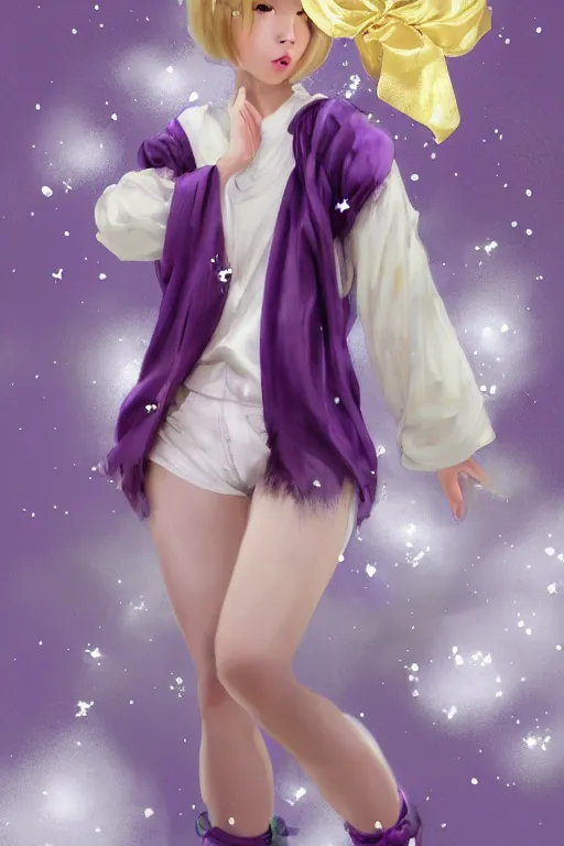 Image similar to Full View girl with short blond hair wearing an oversized purple Beret, Baggy Purple overall shorts, Short Puffy pants made of silk, silk shoes, a big billowy scarf, Golden Ribbon, and white leggings Covered in stars. Short Hair. masterpiece 4k digital illustration by Ruan Jia and Mandy Jurgens, award winning, Artstation, art nouveau aesthetic, Alphonse Mucha background, intricate details, realistic, panoramic view, Hyperdetailed, 8k resolution, intricate art nouveau