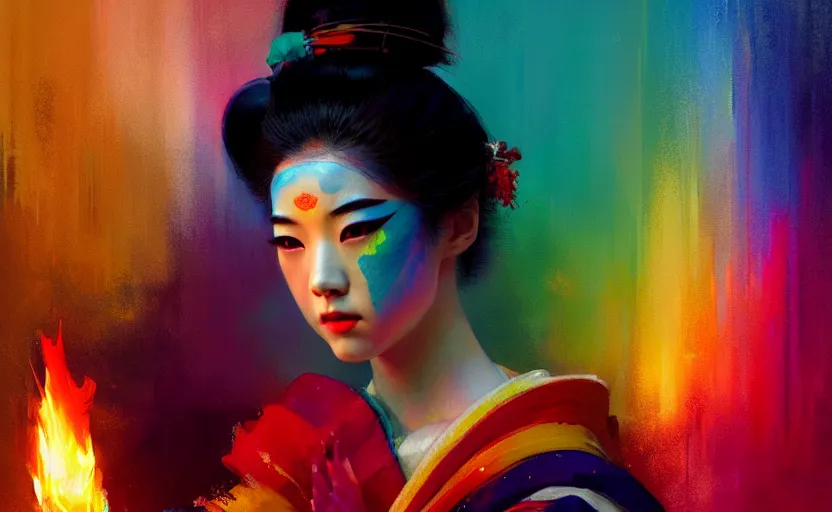 Image similar to female geisha girl holding a flame of rainbow, beautiful face, colourful, rule of thirds, thousands of colors, intricate outfit, spotlight, by greg rutkowski, by jeremy mann, digital painting