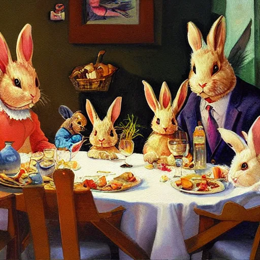 Image similar to Bunny Family Dinner painting by Gurney