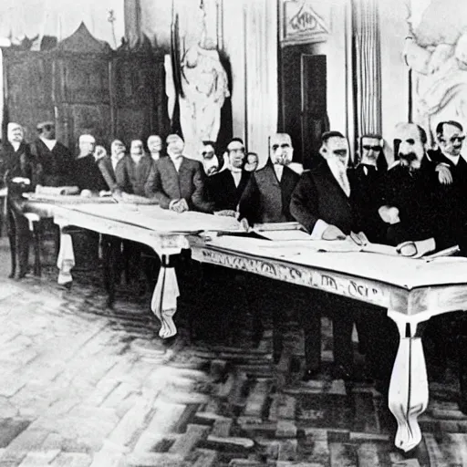 Prompt: black and white photograph from the early 1 9 0 0 s of fidel castro signing the declaration of independence with a ( ( ( giant!!!!! massive!!!!! abnormally large 5 0 foot tall quill!!!!! ) ) ), wooden furniture out of focus in the background, high quality, hyperdetailed