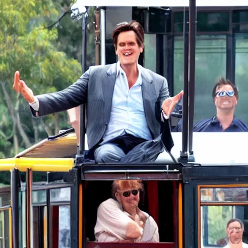 Image similar to jim carrey on a cablecar