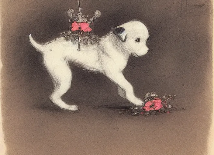 Image similar to Louis Icart, an old elaborate colored drawing of a puppy ghost by Louis Icart, highly detailed, masterpiece