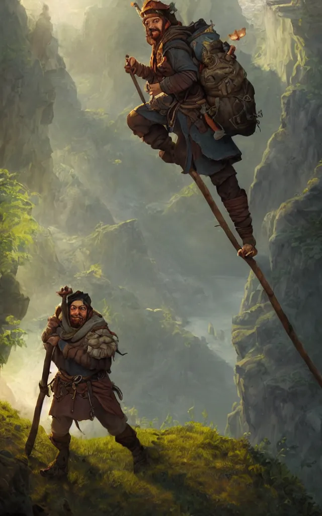 Prompt: an oil art painting of young handsome fool adventurer with hobo stick bindle rucksack, grim gwent card, gipsy mage adventurer character design from inquisition, climbing up a cliffside, 4 k, ultra detail, volumetric lighting, unreal engine, octane render