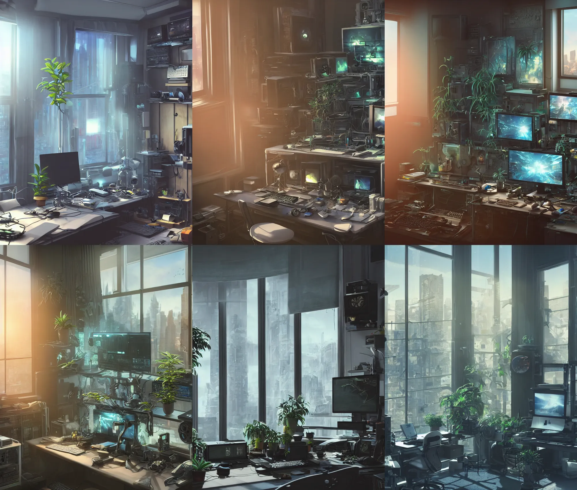 Image similar to detailed scifi artstation scene of a complex computer workstation in a small studio apartment room, single potted plant, many monitors, many electronics, a window view of the city, maximalism, volumetric light, sunny amber morning light, sun beam, cinematic composition, unreal engine, hyperrealism, realistic shading, blender render, photorealistic, wide shot