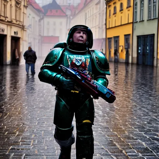 Prompt: a space marine walks on a rainy street in prague, dlsr 5 5 mm