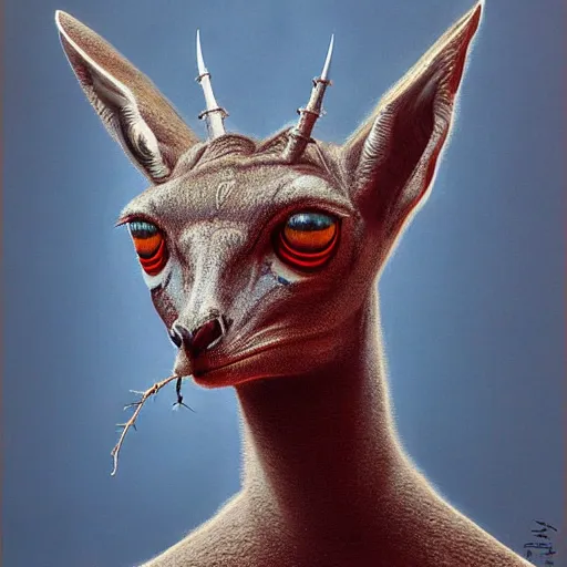 Image similar to portrait of a dik dik with red glowing eyes in hood and crown of thorns, dark fantasy, Warhammer, artstation painted by Zdislav Beksinski and Wayne Barlowe