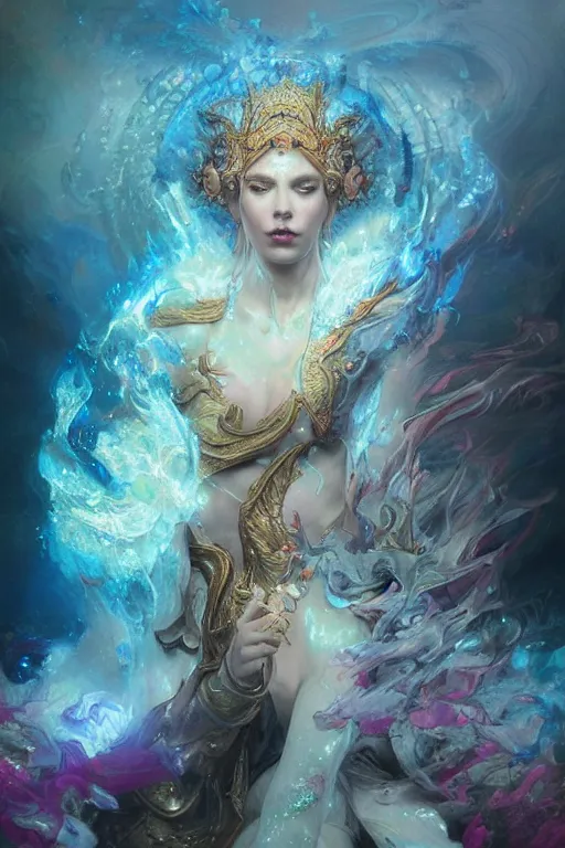 Prompt: a portrait of etheral godess surounded by firebirds in intricate detailed color smashing fluid oilpaint, 3 d render, hyper realistic detailed, color leaves, ruan jia, wlop. scifi, fantasy, hyper detailed, octane render, concept art, intense colors by peter mohrbacher, by wlop, by ruan jia, by alphonse mucha