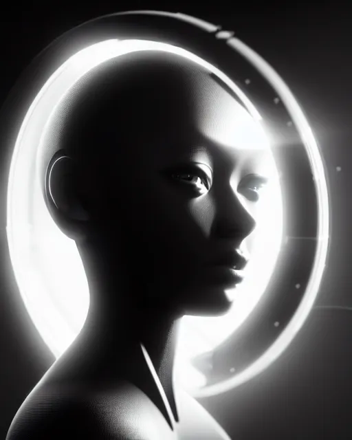 Image similar to black and white high quality photo of a beautiful futuristic female human-cyborg looking into a sci-fi mirror, volumetric lighting, liminal space, brutalism, foggy, dreamy, hyperdetailed, bokeh, photorealistic, cinematic, masterpiece, Metropolis, elegant, dark, octane render, 8K, in the style of Dora Maar