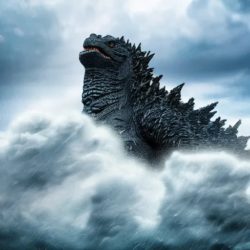 Prompt: hyperrealistic photo of godzilla emerging from the ocean, thunder, dark storm lightning clouds, raging, big splash, droplets, closeup, telephoto zoom, ultra detailed, sharp focus, cinematic, 1 0 0 mm, dslr, 4 k