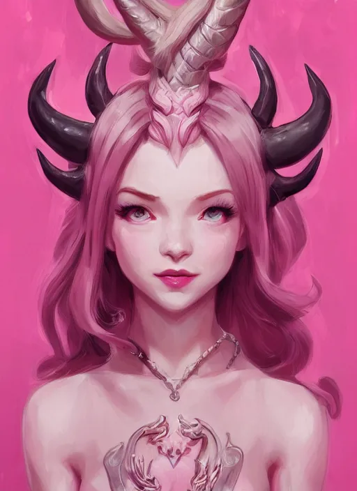 Image similar to a highly detailed illustration of cute smug pink haired pale girl with horns wearing pink dress, dramatic smirk pose, intricate, elegant, highly detailed, centered, digital painting, artstation, concept art, smooth, sharp focus, league of legends concept art, wlop.