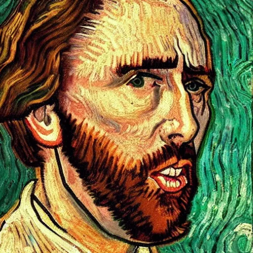 Image similar to nic cage in the last supper as painted by vincent van gogh