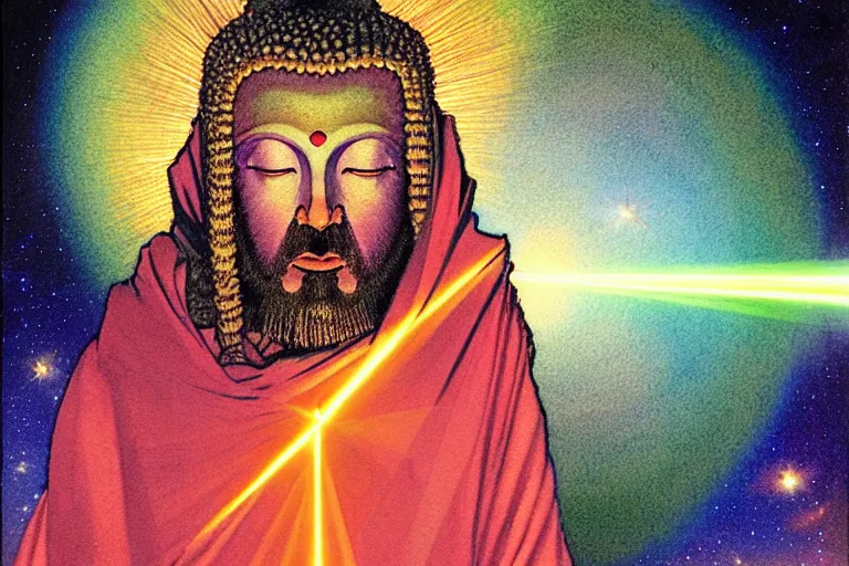 Image similar to a hyperrealist watercolour character concept art portrait of a hologram of space jesus at night in las vegas, nevada. a mysterious cloaked figure in the background. lasers shoot from behind a mountain. buddha hologram. by rebecca guay, michael kaluta, charles vess and jean moebius giraud