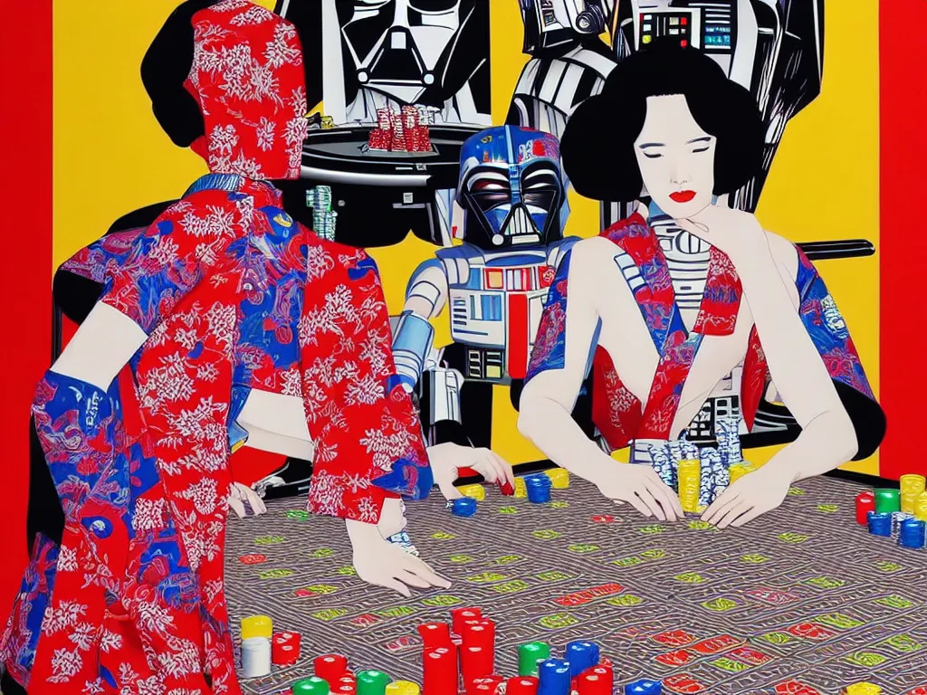 Image similar to hyperrealistic composition of the detailed woman in a japanese kimono with the ( ( c 3 p 0 ) ) robot head sitting at a extremely detailed poker table with darth vader, fireworks, mountain fuji on the background, pop - art style, jacky tsai style, andy warhol style, acrylic on canvas