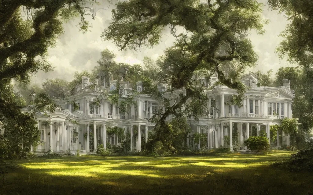 Image similar to a white manor house on a lush southern plantation with a tree-lined driveway, romanticism, hyperdetailed, artstation, cgsociety, 8k, masterpiece, sharp, fine art