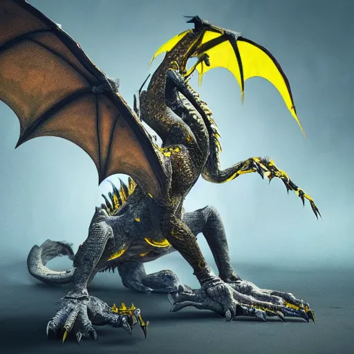 Image similar to an injured damaged dragon with patchy yellow scales and exposed bones and has a broken wing and leg, fantasy, intricately detailed, 8 k render, ultra high resolution, octane render, trending on artstation