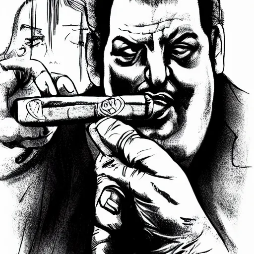 Image similar to chunky ethan van sciver as tony soprano, with a cigar, artstation