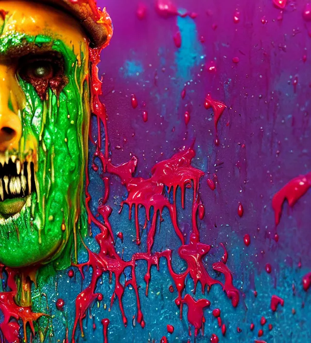 Image similar to beautiful 3 5 mm photograph of a slimy rotting zombie cop covered in colorful wet goop, dripping with colorful liquid, policeman, cop, biocop, intricate details, dark ambient, service cap, atmospheric, movie poster, poster, horror, elegant, super highly detailed, professional digital photo, artstation, concept art, 8 k