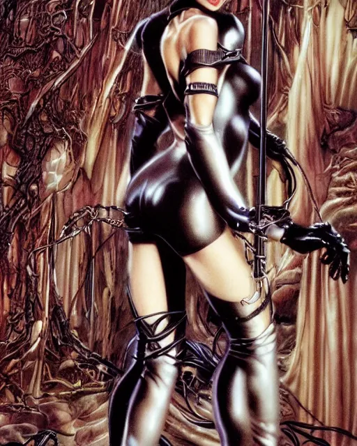 Image similar to a woman dressed in a catwoman costume, a matte painting by jan tengnagel and by luis royo and by ayami kojima, cgsociety, transgressive art, darksynth, synthwave, reimagined by industrial light and magic