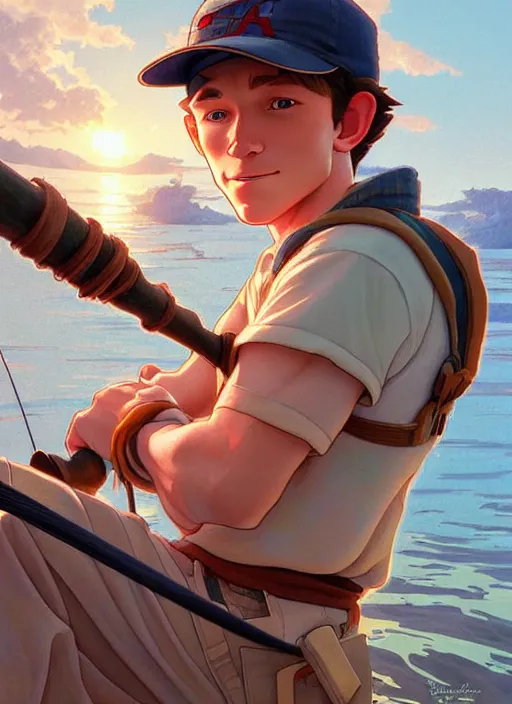 Image similar to cute fisherman tom holland, natural lighting, path traced, highly detailed, high quality, digital painting, by don bluth and ross tran and studio ghibli and alphonse mucha, artgerm