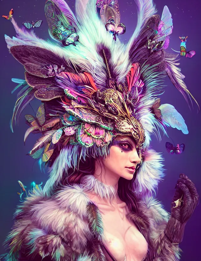 Prompt: 3 d goddess wide angle portrait with feathers, fur, and bones. beautiful intricately detailed avante garde wolf mask and retrowave sorceress outfit. vibrant butterflies, bio luminescent, mycelium, mushrooms, plasma, creature, artwork by tooth wu and android jones wlop and android jones and beeple and greg rutkowski