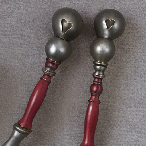 Image similar to medieval single - ball flail weapon with a heart on the handle, detailed product photo