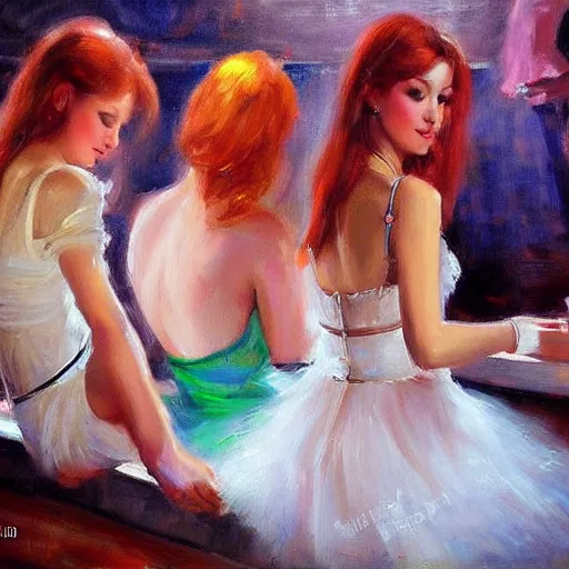 Image similar to young red heads at the night club, painting by Vladimir Volegov,