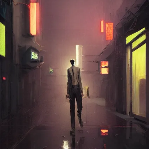 Image similar to concept art by greg rutkowski, a very tall and slender young man walking through the interior of a brutalist looking neighborhood full of holograms and shops while he smokes a cigarette, ambient lighting in neon tones, scifi, highly detailed portrait, digital painting, artstation, concept art, smooth, sharp foccus ilustration, artstation hq