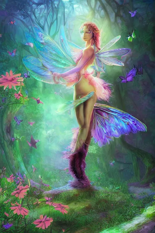 Prompt: wonderland dreamscape faeries lady forest feather wing digital art painting fantasy bloom snyder zack and swanland raymond and pennington bruce illustration character design concept atmospheric lighting butterfly