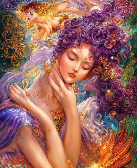 Prompt: a celestial goddess being lazy on her day off catching up on social media, magic realism, art by josephine wall, art by huang guangjian, art by viktoria gavrilenko, art by amanda sage, trending on artstation