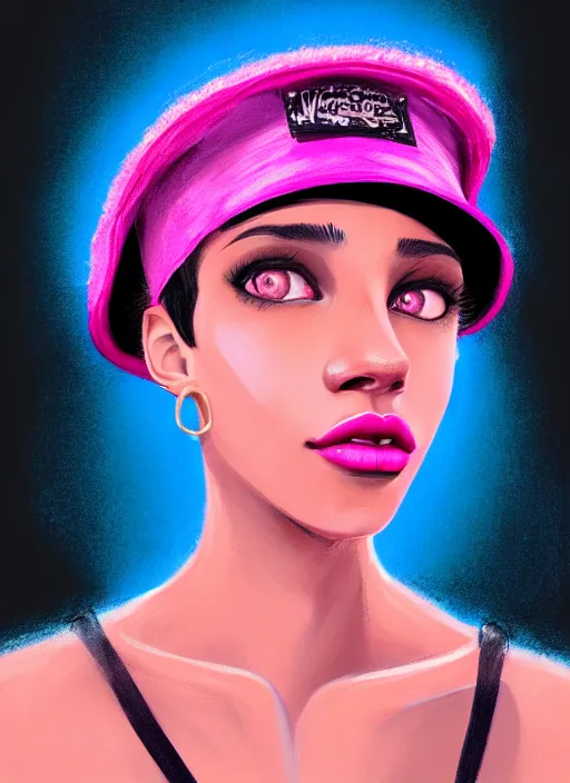 Image similar to portrait of teenage vanessa morgan with bright pink hair, black girl, curly pixie cut hair, wearing newsboy cap, pink short haircut, newsboy cap, hoop earrings, blue eyes, intricate, elegant, glowing lights, highly detailed, digital painting, artstation, concept art, smooth, sharp focus, illustration, art by wlop, mars ravelo and greg rutkowski