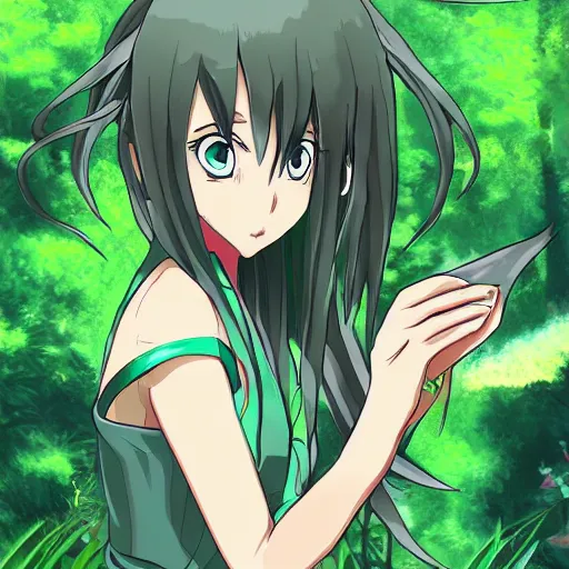 Image similar to A Green Anime person Being curios to plants, Digital art, Anime style, Cinematic, Epic.