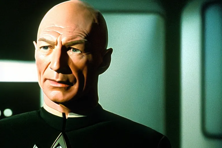 Image similar to A film still of Dax Sheppard starring as a Captain Picard in a Star Trek: The Next Generation, sitting in Ten Forward, dramatic lighting