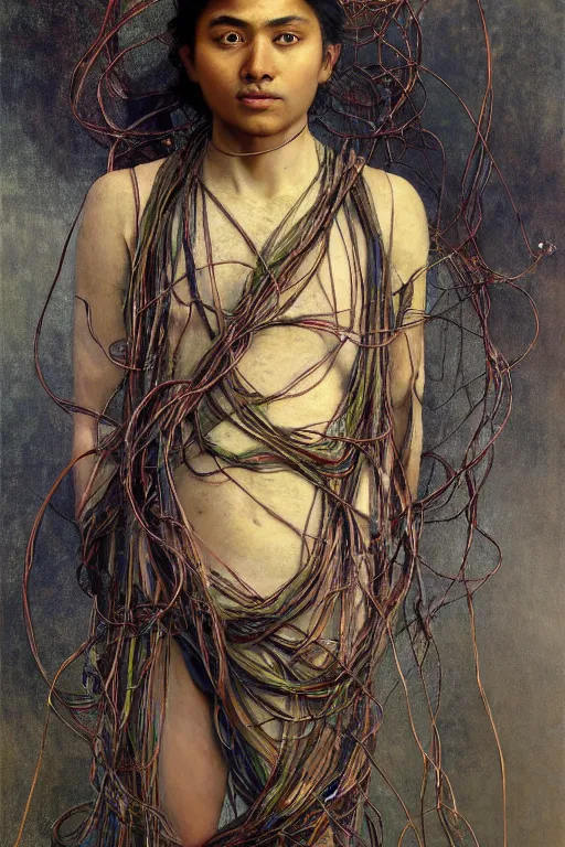 Image similar to hyperrealist portrait of indian elijah zu bailey, it is decorated with long wires that fall like vines and wears small computers over their body. by jeremy mann and alphonse mucha, fantasy art, photo realistic, dynamic lighting, artstation, poster, volumetric lighting, very detailed faces, 4 k, award winning