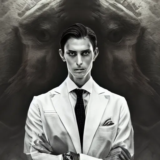 Image similar to portrait of a regal prince with sharp cheekbones, white clothes, high collar, close up, wistful melancholic hopeful expression, super details, surrounded by furious people, modern digital art, matte painting, science fiction