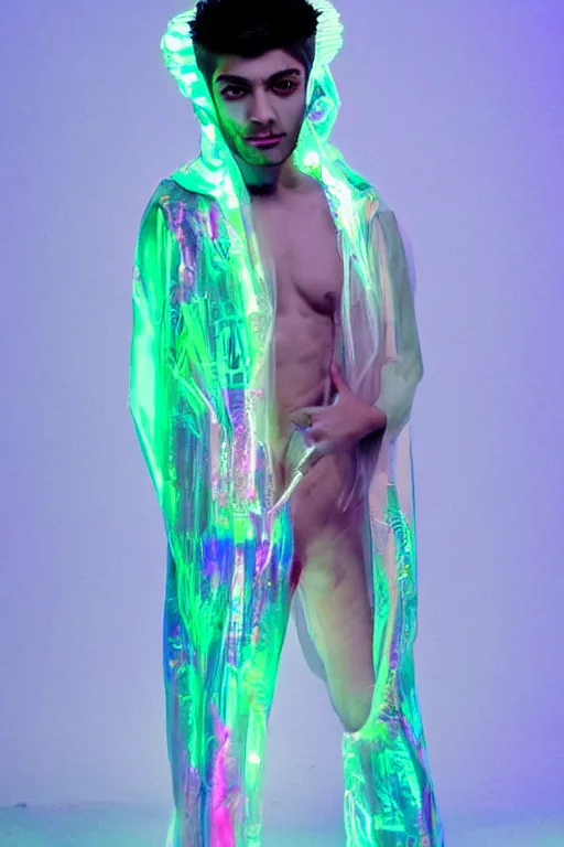 Prompt: full-body rococo and cyberpunk delicate neon crystalline sculpture of ((muscular albino prince Zayn Malik)) as an iridescent humanoid deity wearing a thin see-through ((plastic hooded cloak)) (holding a human skull) in a white castle dungeon, reclining con (((las piernas abiertas))), glowing pink face, crown of (white lasers), large diamonds, swirling black silk fabric. futuristic elements. oozing glowing liquid, full-length view. space robots. intricate artwork by caravaggio. Trending on artstation, octane render, cinematic lighting from the right, hyper realism, octane render, 8k, depth of field, 3D