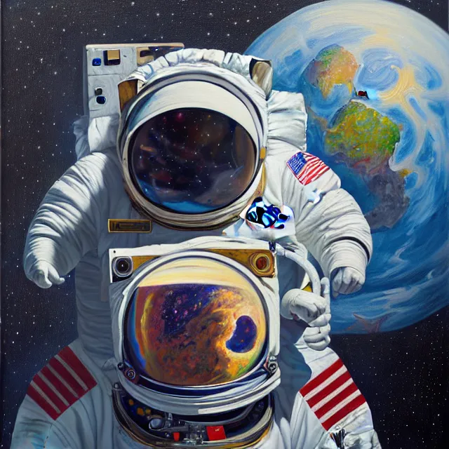 Prompt: an oil on canvas portrait painting of an astronaut, polycount, surrealism, surrealist, cosmic horror, high detail